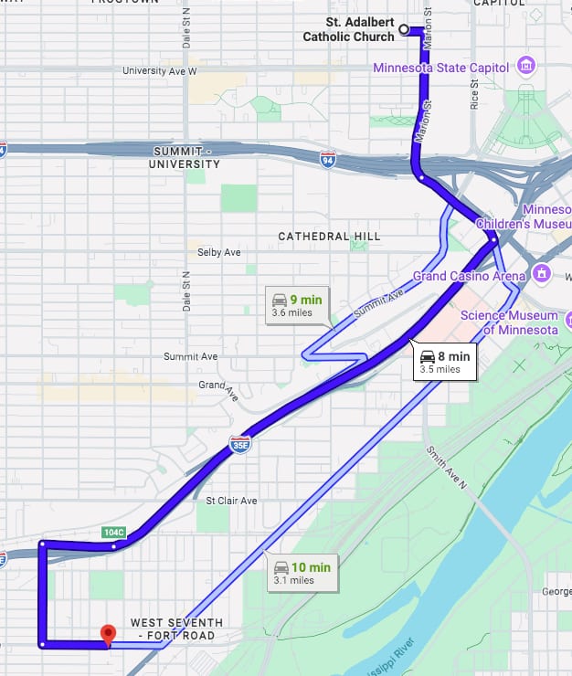 Map showing the 8-minute drive from St. Adalbert Catholic Church to Gatherings at Station 10